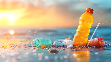 Plastic bottles on the beach. Pollution of the environment concept