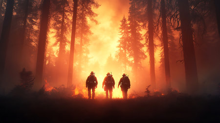Silhouette of a group of people standing in the middle of a forest fire.の写真素材