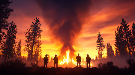 Silhouette of a group of people on a background of a burning forest.の写真素材
