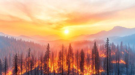 Forest fire in the mountains at sunset.