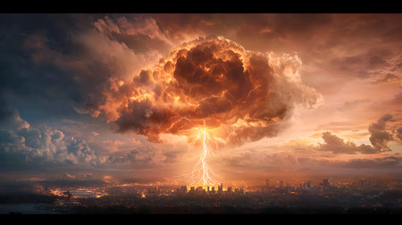 Dramatic thunderstorm over the city. 3D render.