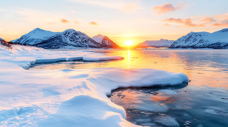 Sunset over the frozen lake. Lofoten islands, Norwayの写真素材