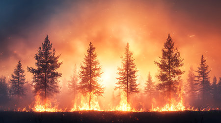 Forest fire. Burning dry grass and trees in the forest at night.の写真素材