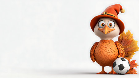 3d illustration of a cute turkey with a soccer ball on a white backgroundの写真素材