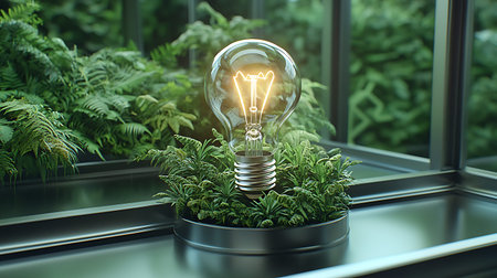 3D rendering of a lightbulb in a glass room with green plants