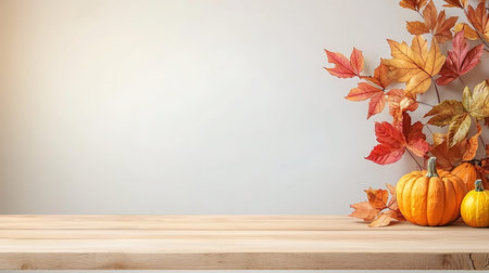 Wooden table with pumpkins and autumn leaves on gray wall background