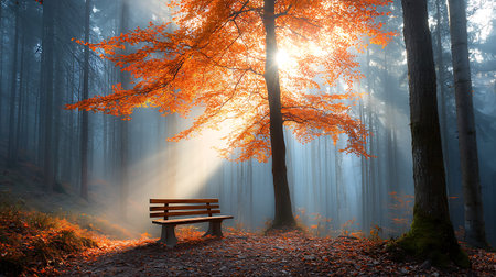 Wooden bench in the foggy forest with autumn trees and sun raysの写真素材