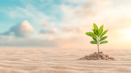 Green sprout growing on sand with blue sky and white clouds backgroundの写真素材