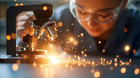 Close up of female scientist using microscope in laboratory. Research and development concept