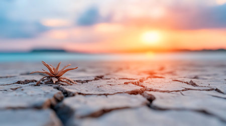 Dry cracked ground with small plant on sunset background. Global warming concept