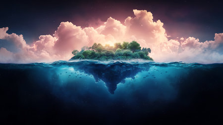 Surreal landscape with island in ocean. 3D rendering. Elements of this image furnished by NASAの写真素材