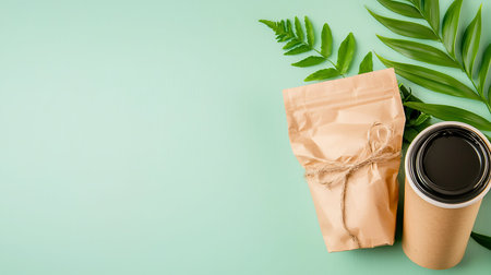 Coffee cup and paper bag with green leaves on green background