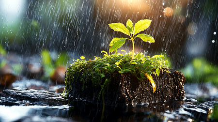 Sprout growing on a piece of wood in the rain. Nature background