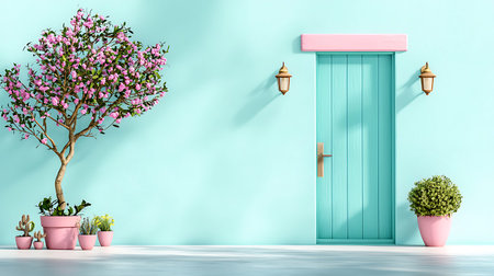 Interior of a room with a green door and a flower - renderingの写真素材