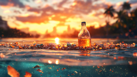 Bottle of liquid in the water at sunset. 3d renderingの写真素材