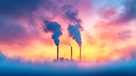 Smoke from the pipes of a thermal power plant at sunset.の写真素材