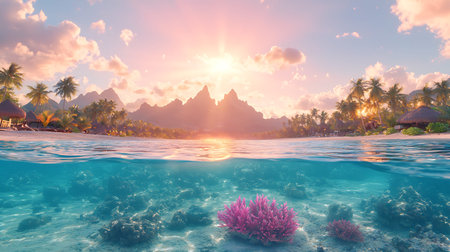 Tropical island and coral reef underwater at sunset. 3d renderの写真素材