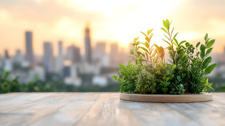 Green plant in a pot on wooden table with blurred cityscape backgroundの写真素材