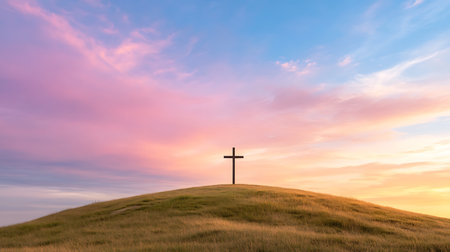 Cross on top of hill at sunset. 3d render illustration.の写真素材