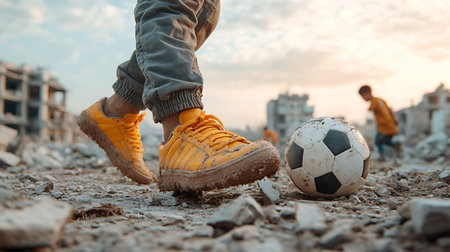 Soccer player feet and ball on ruins of stadium. Concept of sportの写真素材