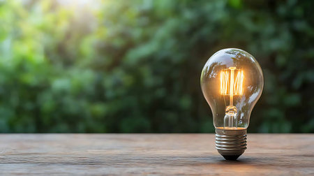 Incandescent light bulb on wooden table with nature bokeh background