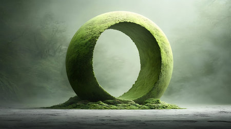 3d render of green planet in abstract landscape with trees and fogの写真素材