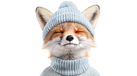 Funny fox in a winter hat isolated on a white background.の写真素材