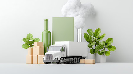 3D rendering of a white truck with a package and a bottle of wineの写真素材