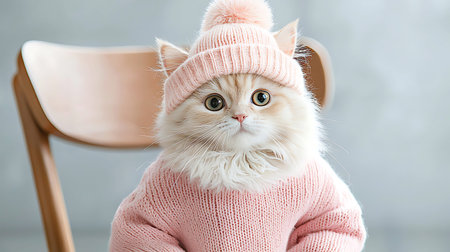 Cute persian kitten in hat on chair, on light backgroundの写真素材