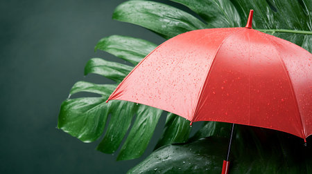 Red umbrella on green monstera leaf. Tropical background with copy spaceの写真素材