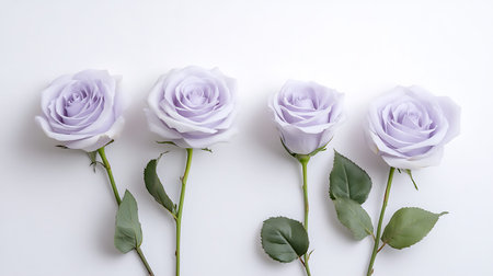Beautiful purple roses on white background. Flat lay, top view.の写真素材