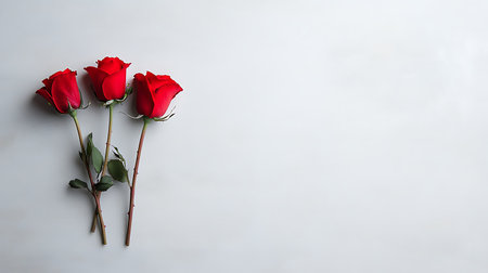 Red roses on a white background with copy space. Top view.の写真素材