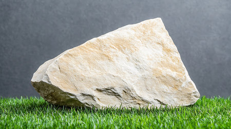 Stone on green grass against grey background, close-up image.の写真素材