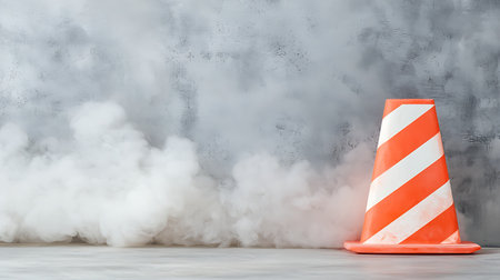 Traffic cone on concrete wall background with smoke. 3d illustrationの写真素材