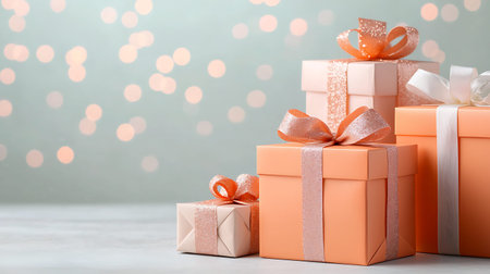 Gift boxes with ribbons on table against bokeh background