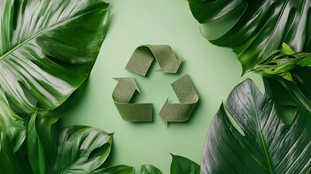 Recycling symbol made of green monstera leaves on green backgroundの写真素材