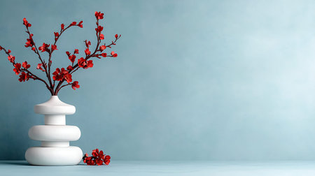 Decorated white zen stones with red flowers on blue backgroundの写真素材