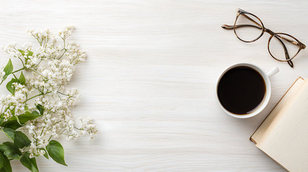 Cup of coffee, book, glasses and flowers on wooden backgroundの写真素材
