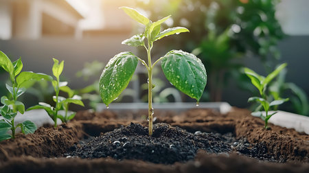 Close up of young green pepper seedling in soil on blurred background