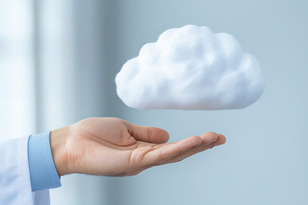 close up of hand showing cloud on blue wall background with copy space