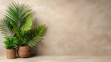 Green houseplants in vase on beige wall background.の写真素材