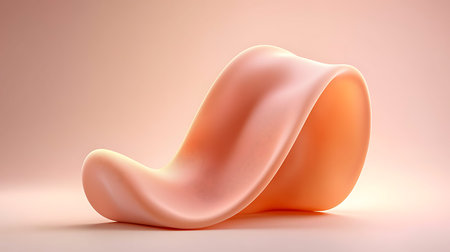Abstract 3d rendering of curved orange ribbon on a pink background.