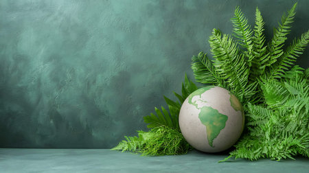 Globe and ferns on green wall background. 3d render