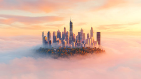 Foggy cityscape with skyscrapers in the clouds. 3d render