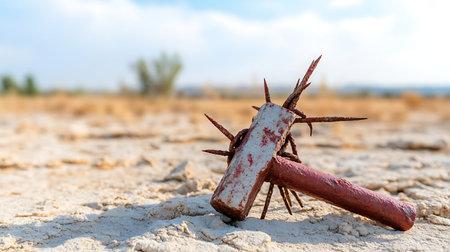 Rusty objects on the ground. Conceptual image of drought.の写真素材