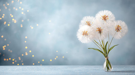 White dandelions in vase on blue background with bokehの写真素材