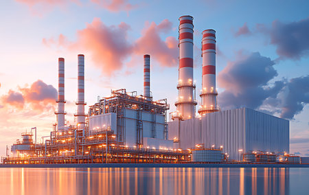 Oil refinery plant at sunset. 3d render. Industrial landscape.