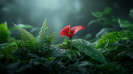 Red flower and green leaf in the forest. 3d rendering.