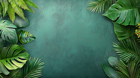 Tropical leaves on green background. Top view with copy spaceの写真素材