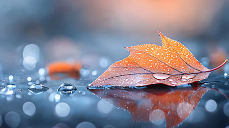 Autumn leaves with water drops on a dark background with bokehの写真素材